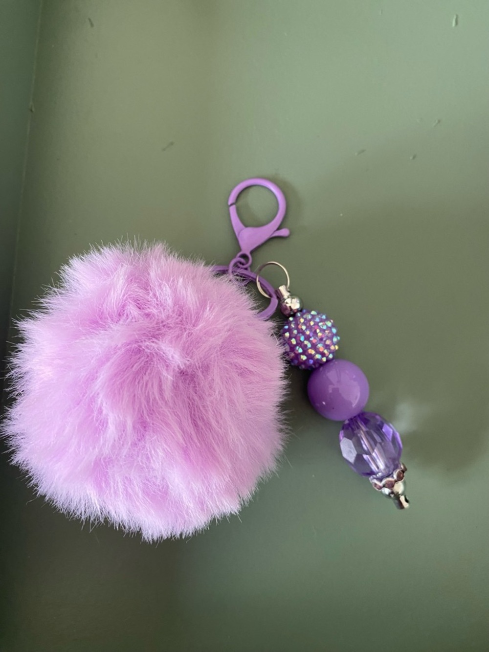 Plush Pom Pom Keychain with Beaded Charm - Lavender